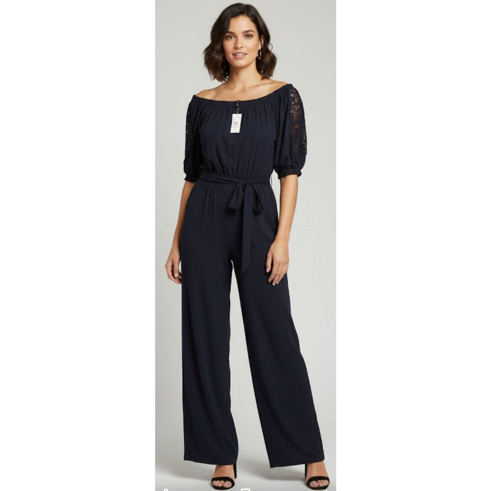 Jessica Simpson Womens 2xl Nadia Long Jumpsuit Romper Wide Leg Flowy Navy Blue